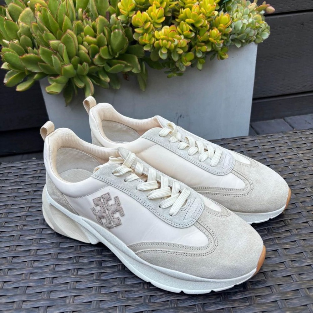 Tory Burch Cream and Beige Logo Leather & Suede Sneakers